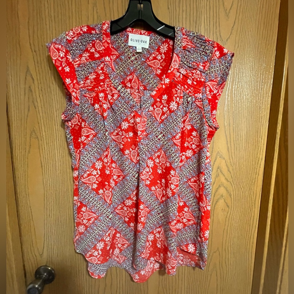 Patterned Blouse in Red and White with Blue and Yellow